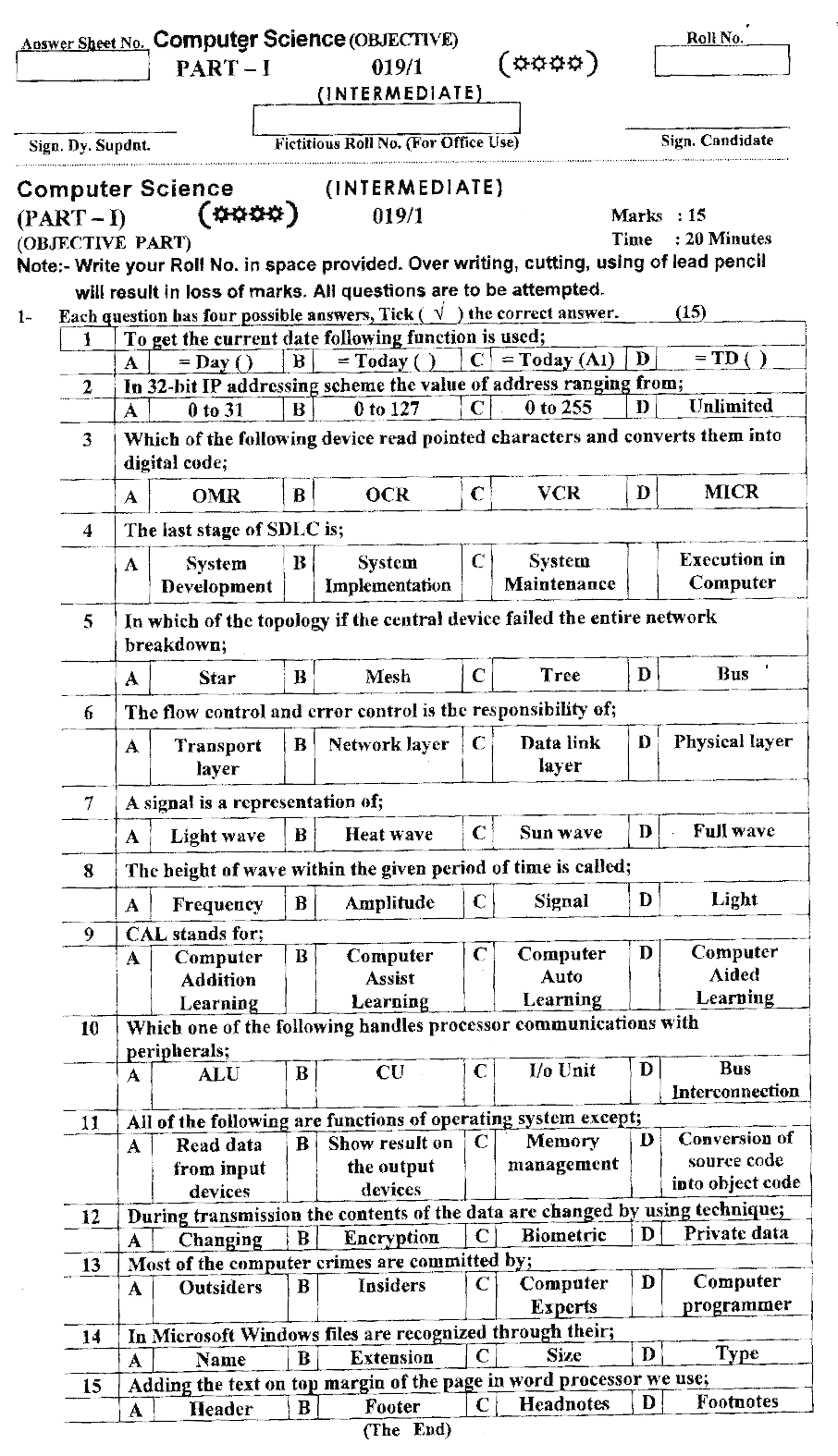 11th Class Computer Sicence Past Paper 2019 Ajk Board Group 1 Objective 